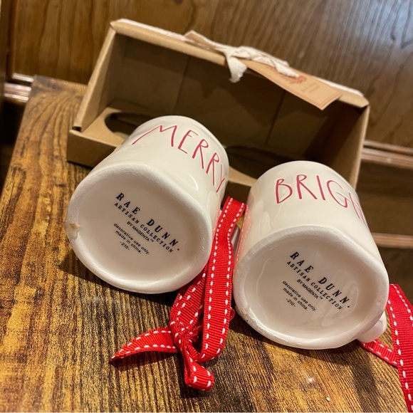 Rae Dunn Red Lettering Merry & Bright White Ceramic Mug Christmas Ornaments NEW! - Picture 7 of 8
